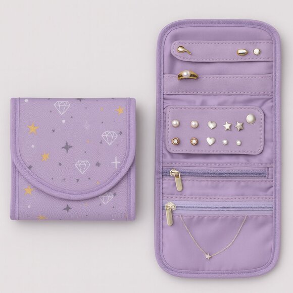 Lavender Travel Jewelry Wallet Organizer – Trifold Case with Zipper Pockets Ring - Picture 1 of 5